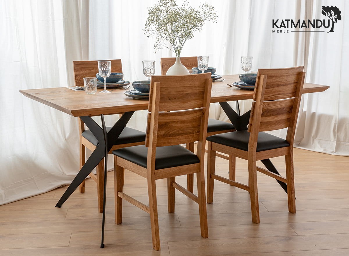 Esstisch Caserta 180 × 90 cm - Massiver Eichenholztisch mit Metallgestell, geölt, Loft-Stil
