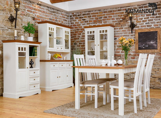 Eleganter weißer Belluno Elegante Ausziehbarer Kieferntisch mit Eichenplatte