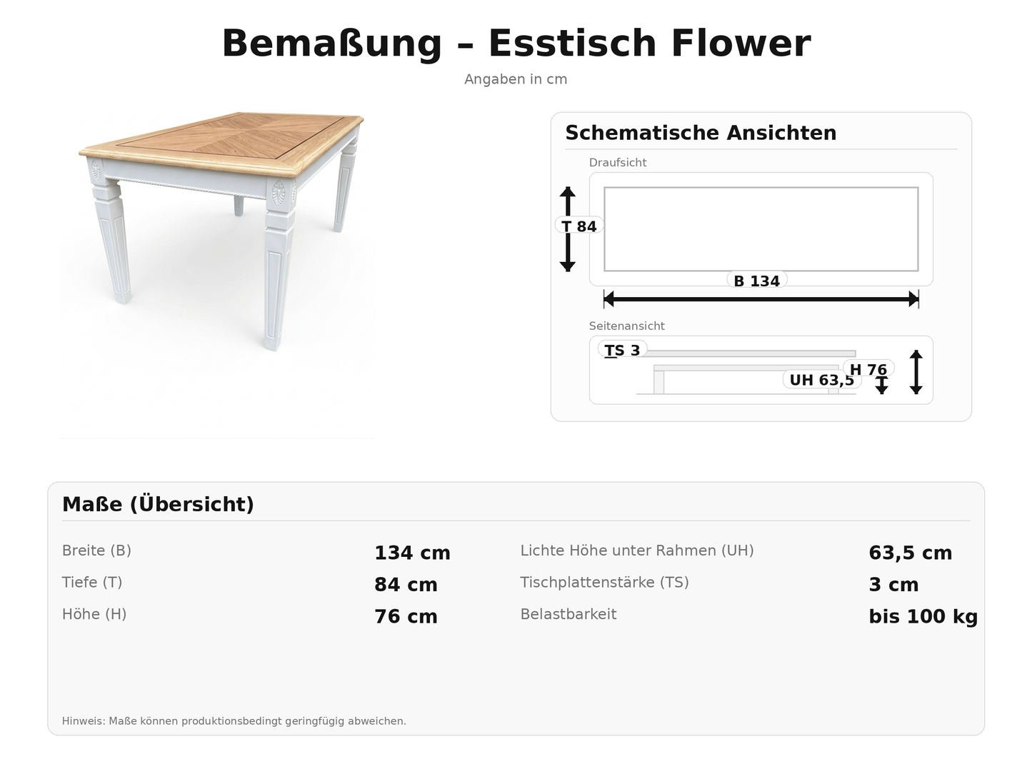 Esstisch Flower 134x84 cm aus Massivholz weiß lackiert, klassischer Esstisch für das Esszimmer