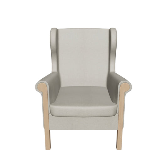 Ohrensessel Caro mit Holzintarsie – Gepolsterter Massivholzsessel mit abnehmbarem Sitzpolster