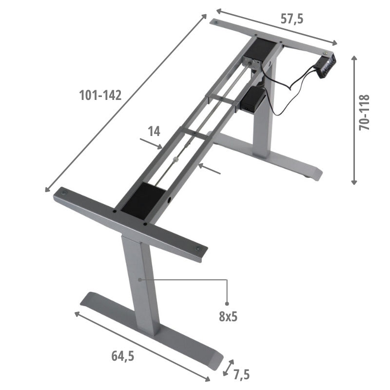 Elektrisch höhenverstellbares Schreibtischgestell Alufarbend mit USB – 70–118 cm, 1 Motor, 80 kg Tragkraft - Bild 9