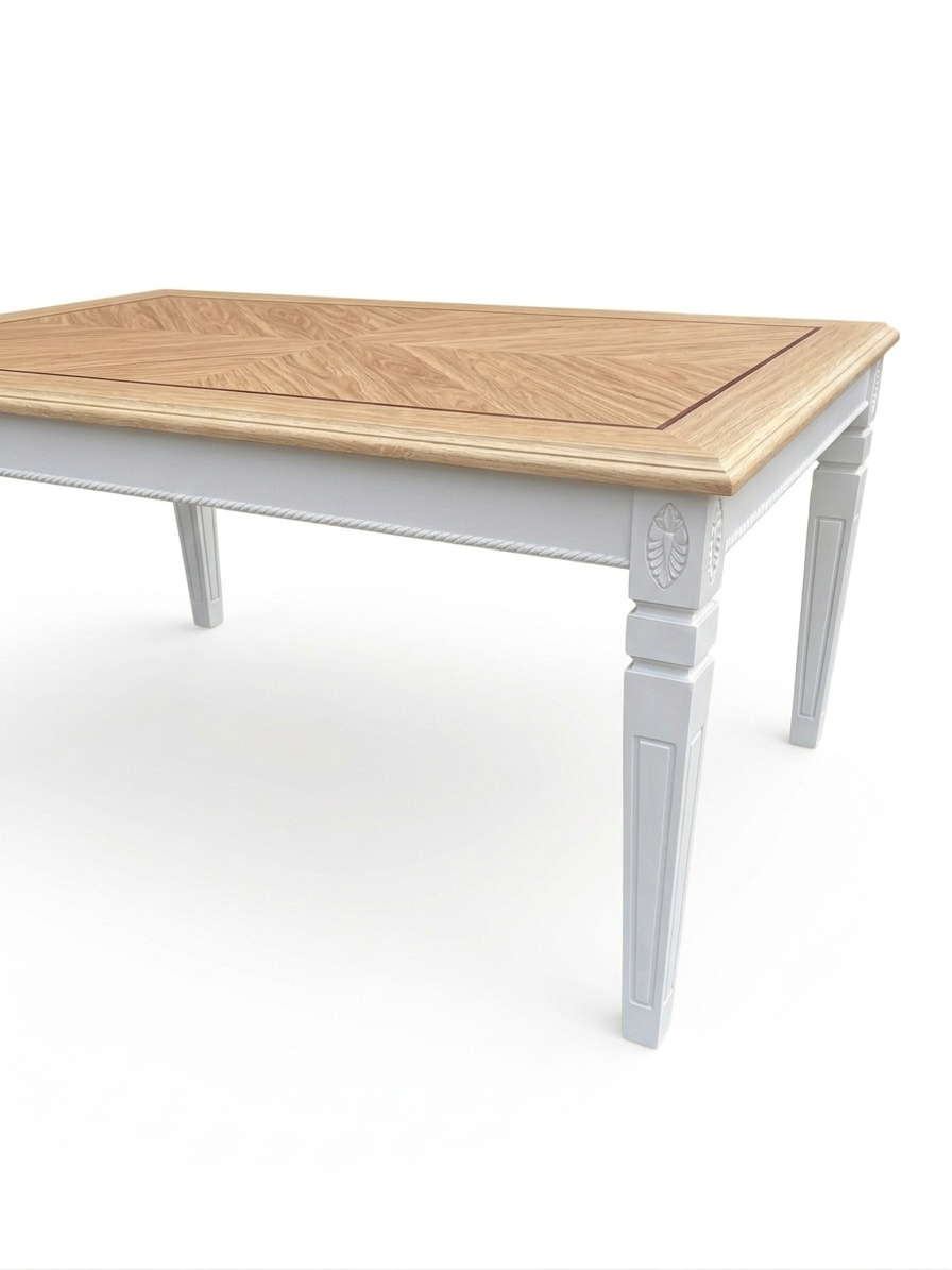 Esstisch Flower 134x84 cm aus Massivholz weiß lackiert, klassischer Esstisch für das Esszimmer