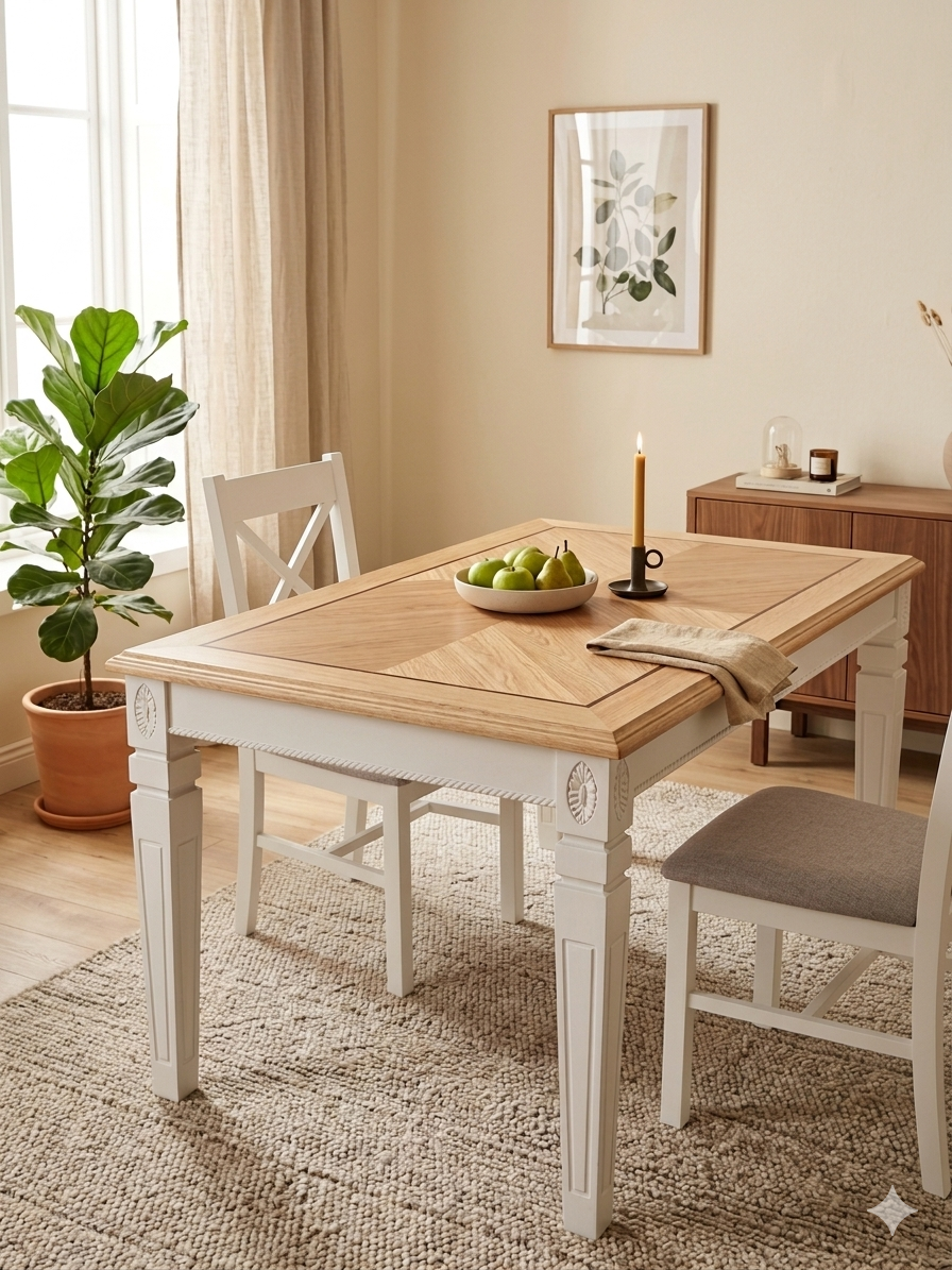 Esstisch Flower 134x84 cm aus Massivholz weiß lackiert, klassischer Esstisch für das Esszimmer