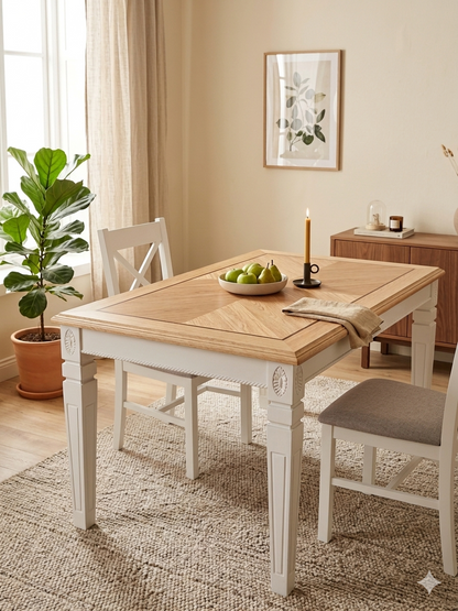 Esstisch Flower 134x84 cm aus Massivholz weiß lackiert, klassischer Esstisch für das Esszimmer