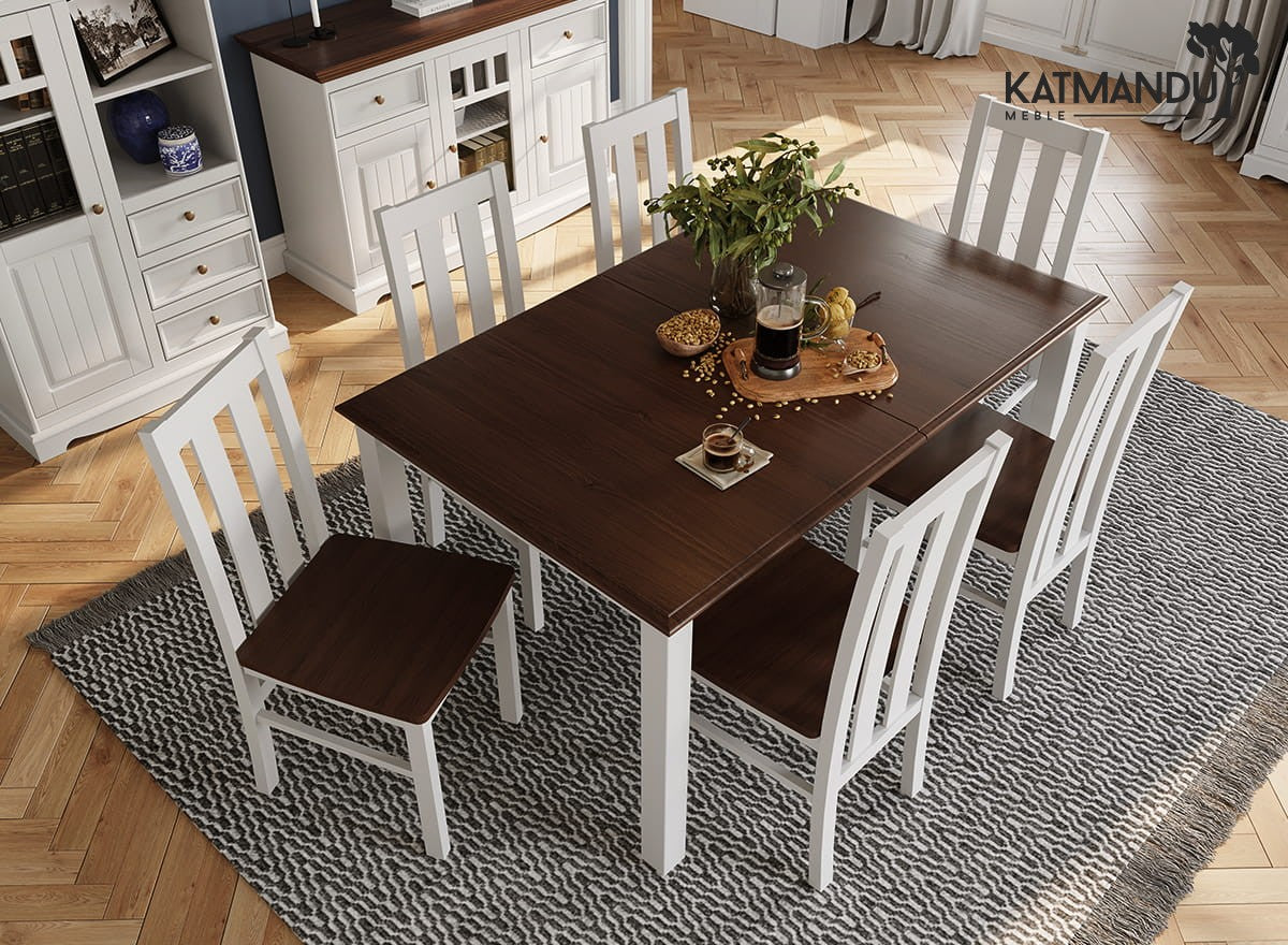Esstisch Belluno Elegante Weiß & Nussbaum - Ausziehbarer Kieferntisch 150 bis 197 × 93 cm
