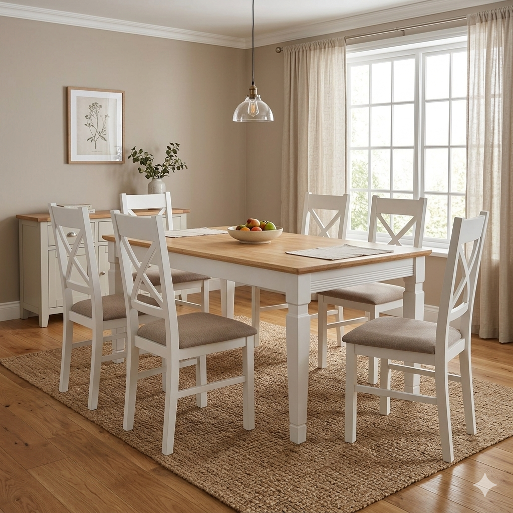 Esstisch Lines 135x85 cm aus Massivholz Weiß für das Esszimmer im Landhausstil