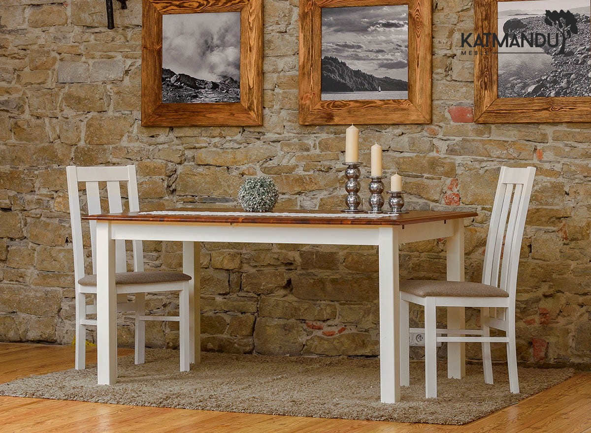 Eleganter weißer Belluno Elegante Ausziehbarer Kieferntisch mit Eichenplatte