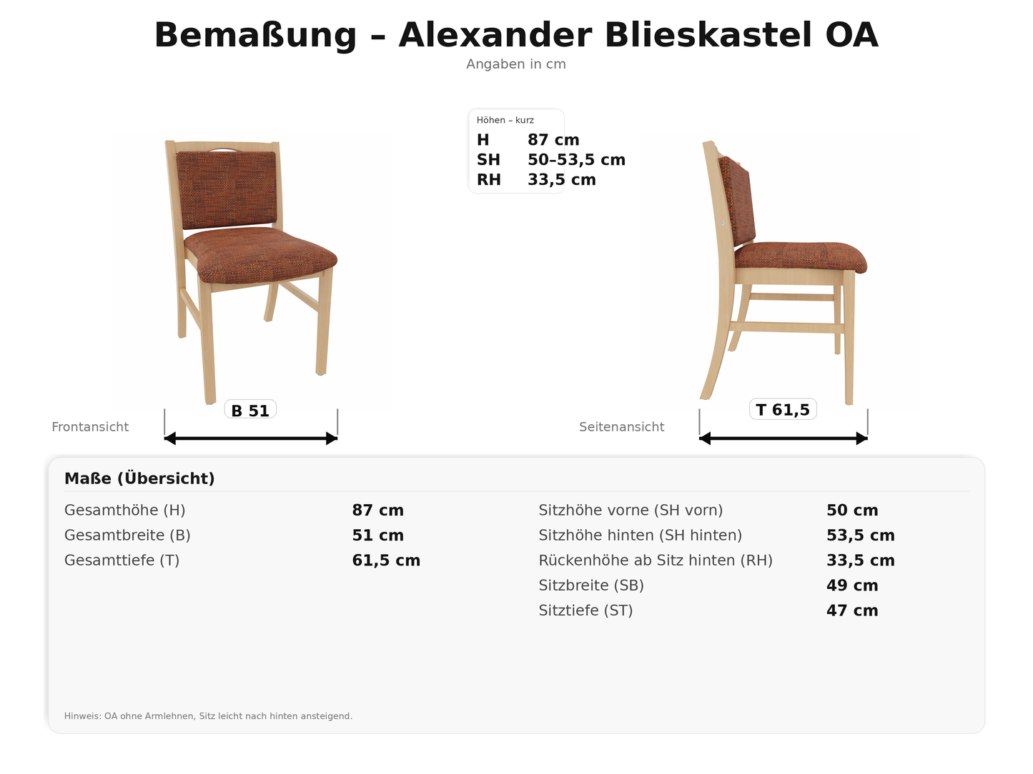Hüftstuhl Alexander Blieskastel – Bequemer Seniorenstuhl ohne Armlehnen – Massivholzstuhl Pflegeleicht