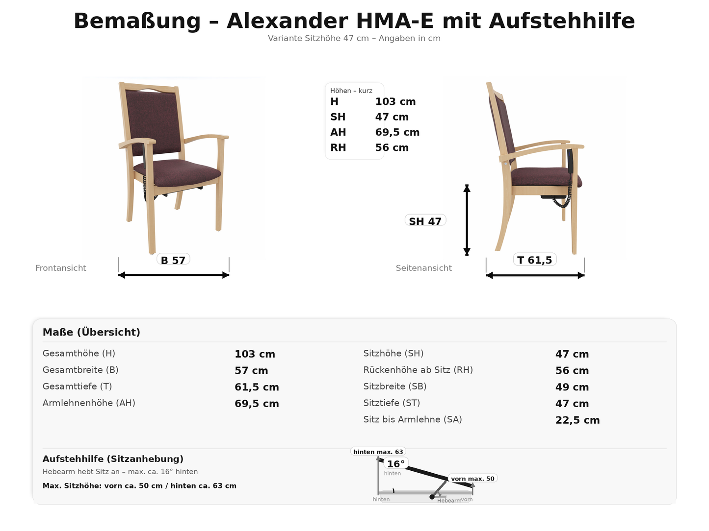 Seniorenstuhl Alexander Hochlehner mit Aufstehhilfe – Hochlehner Pflegestuhl mit Aufstehhilfe und Armlehnen – Massivholzstuhl stabil und Pflegeleicht