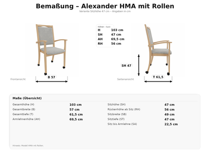 Seniorenstuhl Alexander Hochlehner auf Rollen – Komfortabler Pflegestuhl mit Armlehnen und Rollen