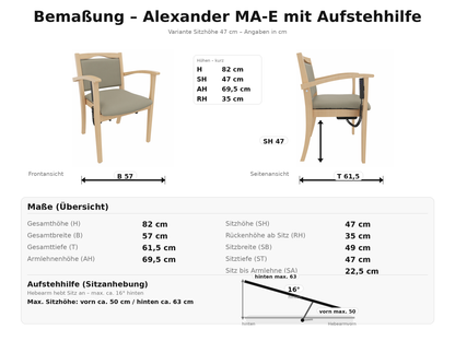 Seniorenstuhl Alexander mit Aufstehhilfe – Pflegestuhl mit Aufstehhilfe und Armlehnen – 47cm Sitzhöhe