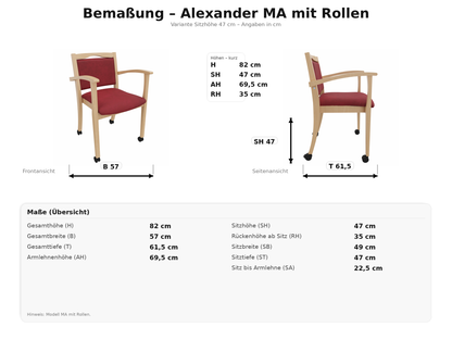 Seniorenstuhl Alexander auf Rollen – Komfortabler Pflegestuhl mit Armlehnen und Rollen – Massivholzstuhl stabil und pflegeleicht