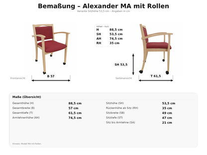 Seniorenstuhl Alexander auf Rollen – Komfortabler Pflegestuhl mit Armlehnen und Rollen – Massivholzstuhl stabil und pflegeleicht