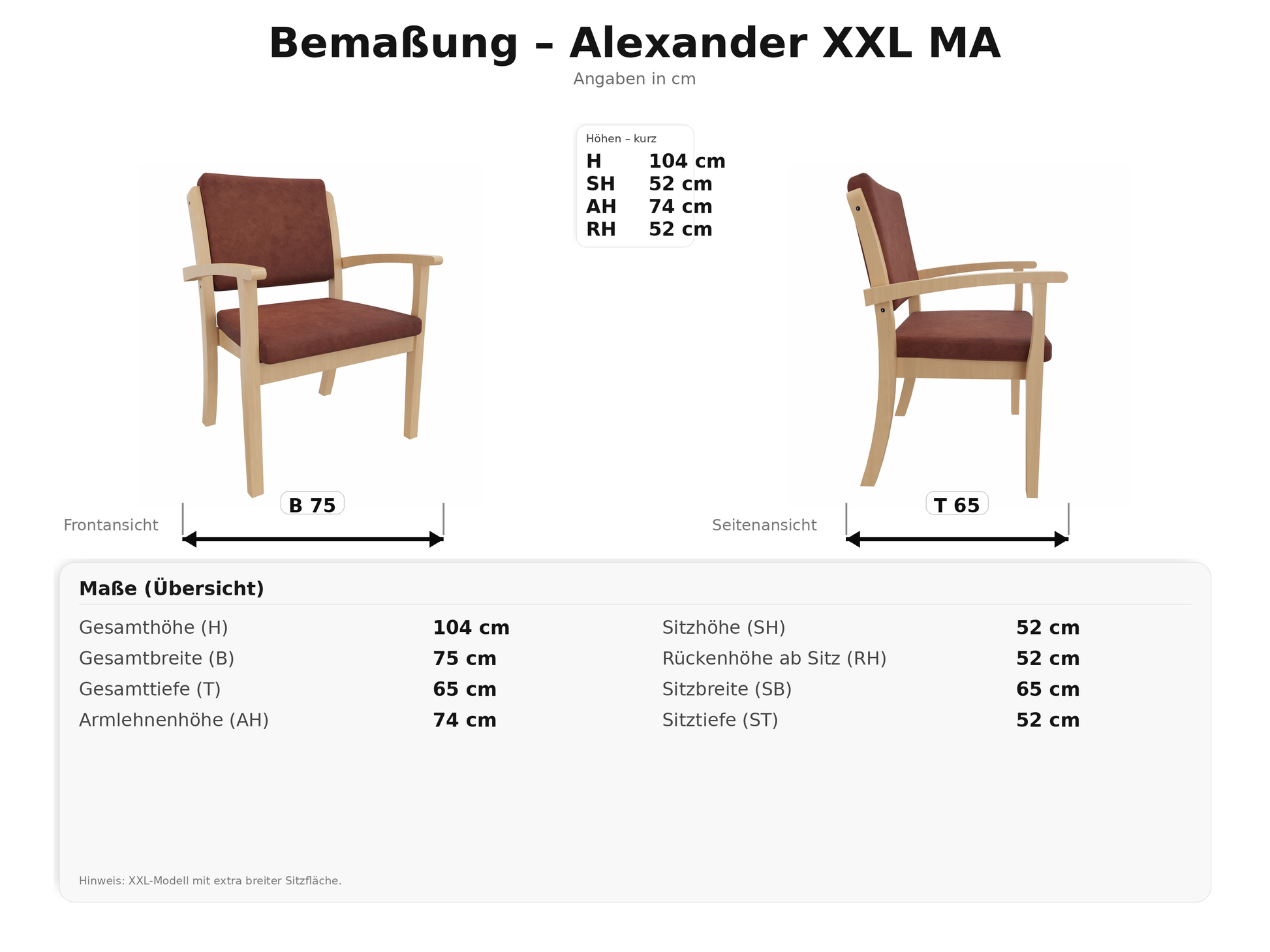 Maßübersicht Alexander XXL - 52cm Sitzhöhe