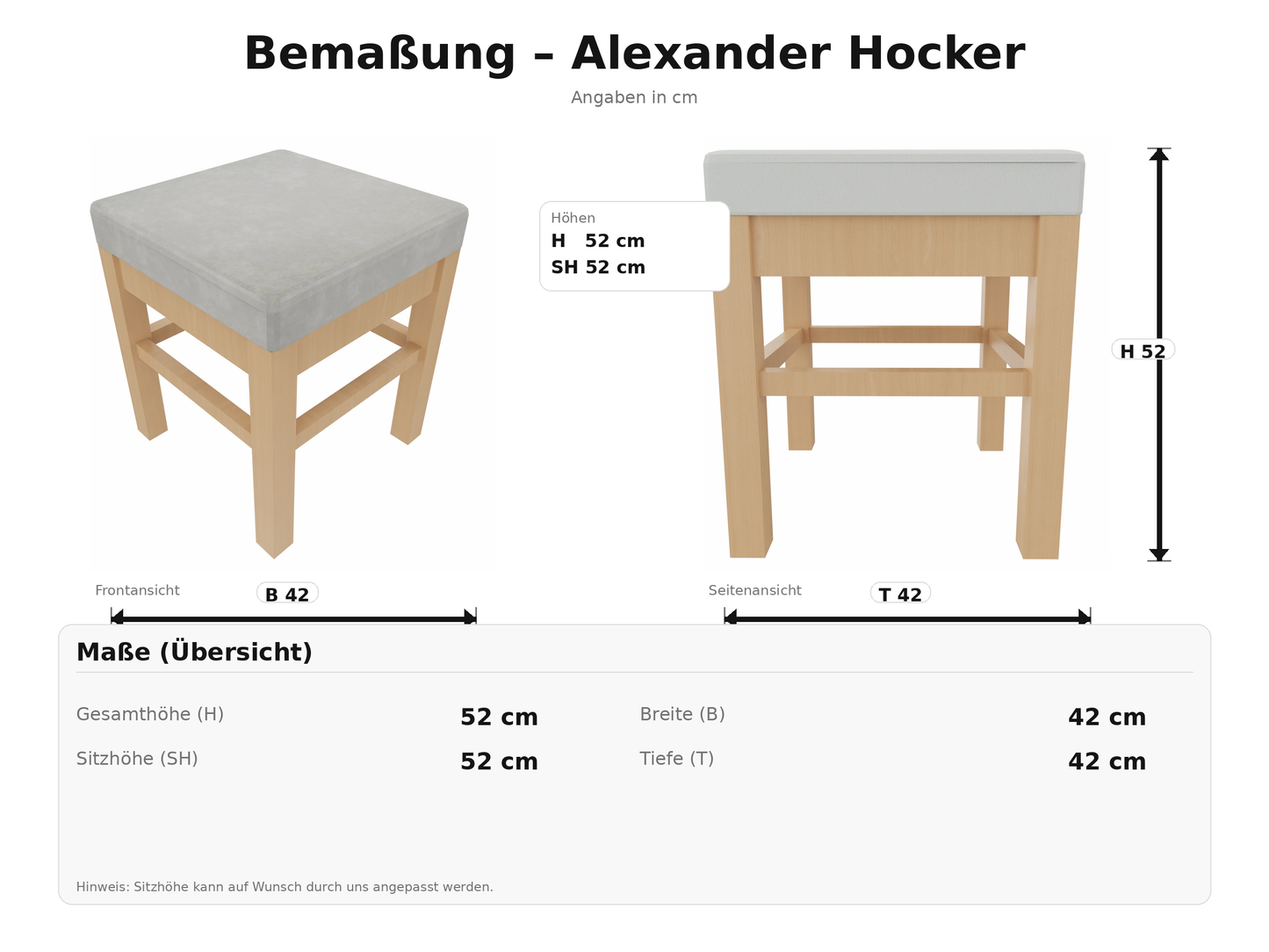 Schwerlasthocker Alexander – Robuster Sitzhocker für Senioren – 52cm Sitzhöhe