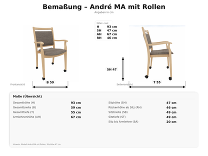 Pflegestuhl André mit Armlehnen und Rollen – Ideal für Senioren im Altenheim oder Zuhause – Massivholz stabil und Pflegeleicht
