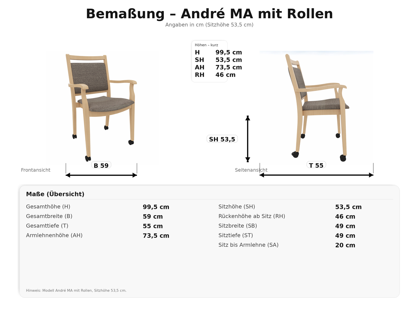 Pflegestuhl André mit Armlehnen und Rollen – Ideal für Senioren im Altenheim oder Zuhause – Massivholz stabil und Pflegeleicht