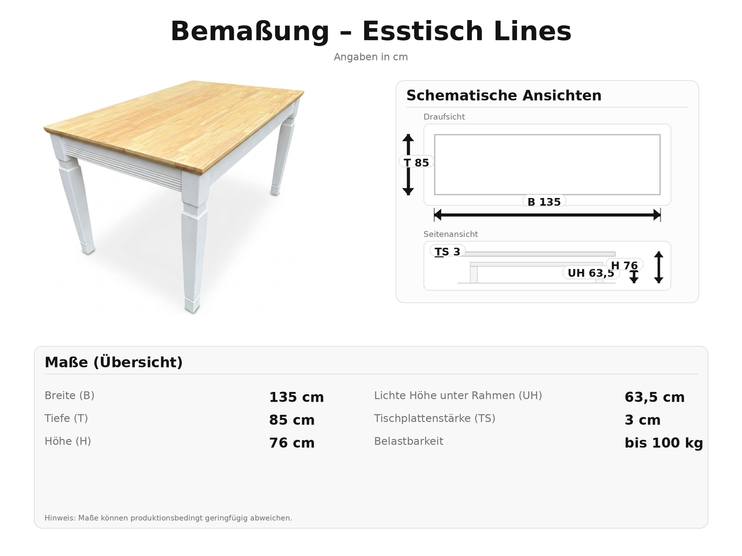 Esstisch Lines 135x85 cm aus Massivholz Weiß für das Esszimmer im Landhausstil