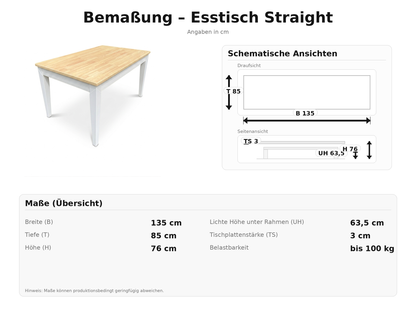 Esstisch Straight 135x85 cm aus Massivholz Weiß für das Esszimmer im Landhausstil